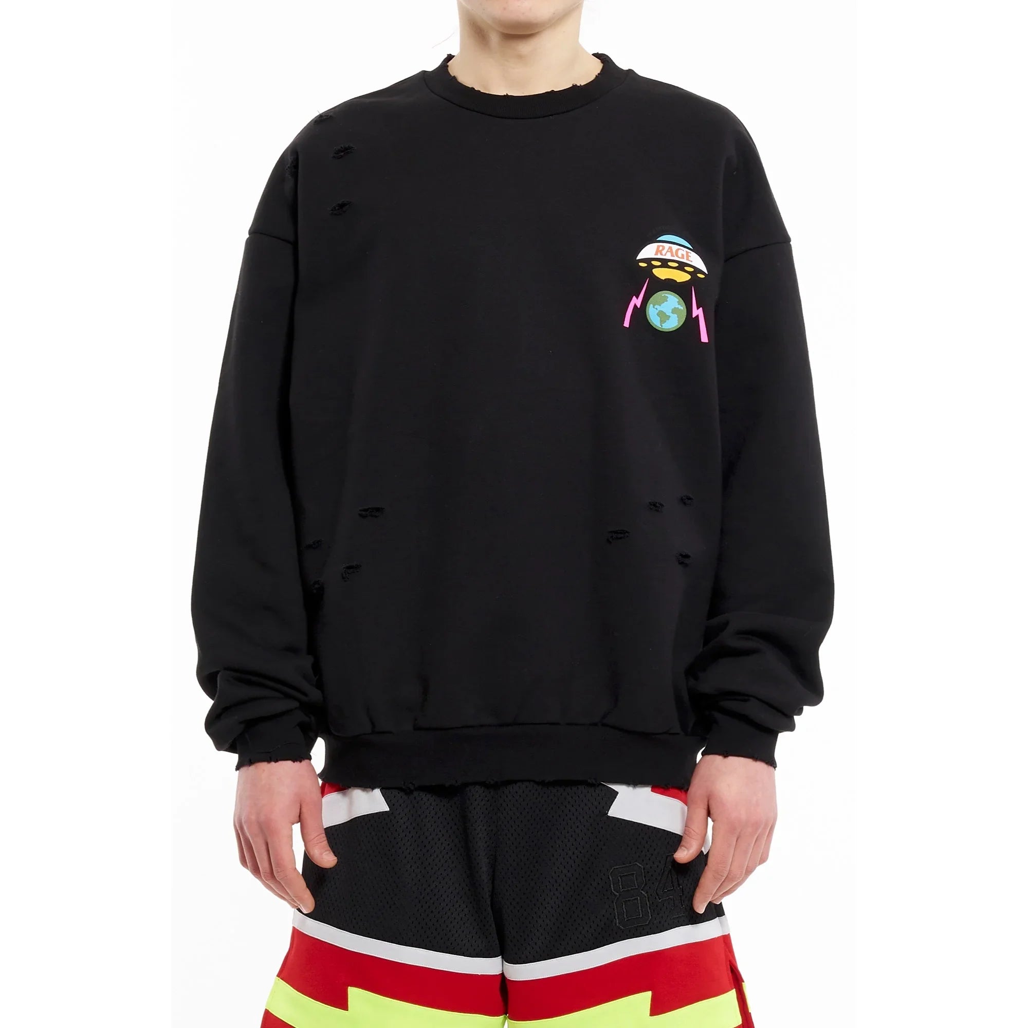 Black distressed sweatshirt with UFO and earth graphic and multicolor basketball shorts