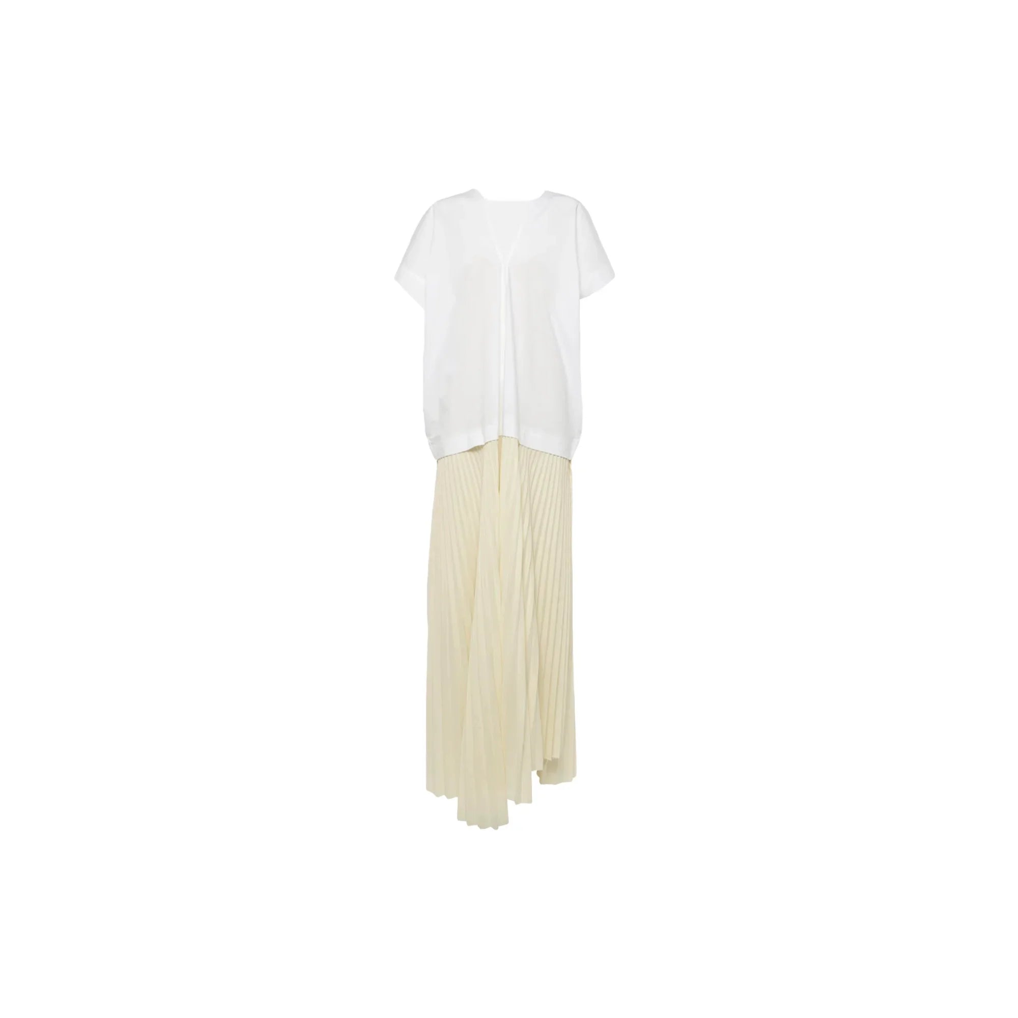 White short-sleeve top paired with a cream pleated maxi skirt on white background