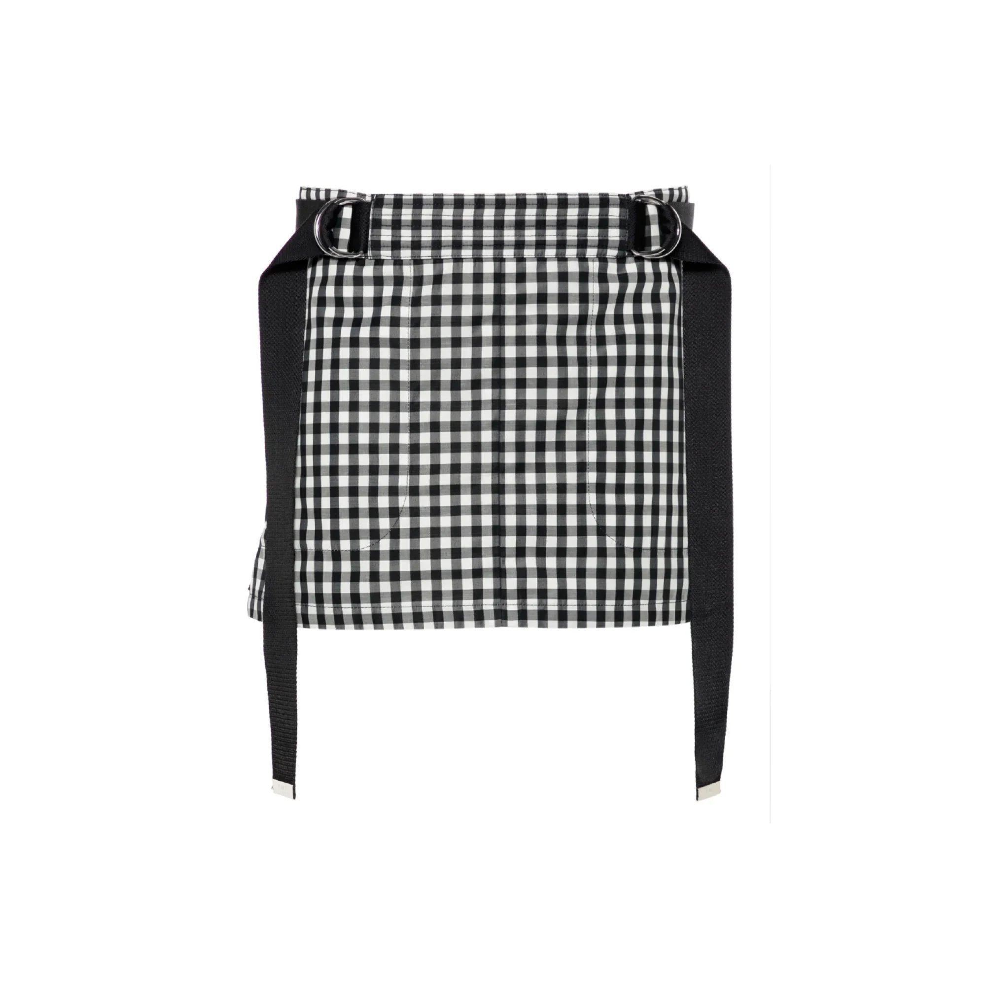 Black and white gingham checkered apron with black adjustable waist straps and metal rings