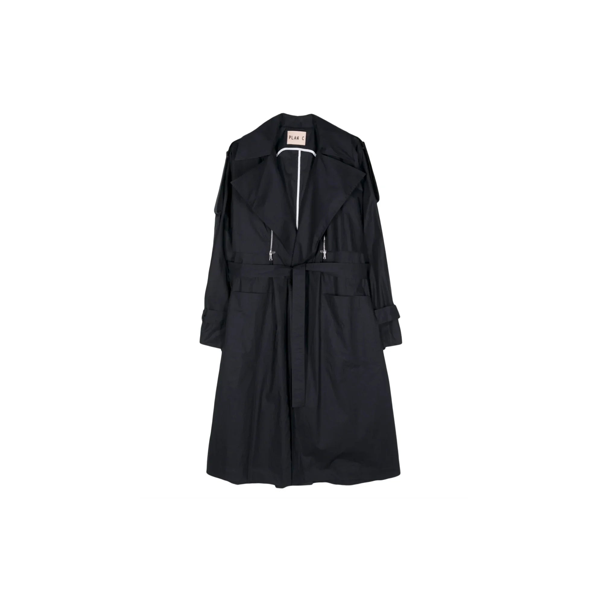 Black belted trench coat with wide lapels and zippered pockets on white background