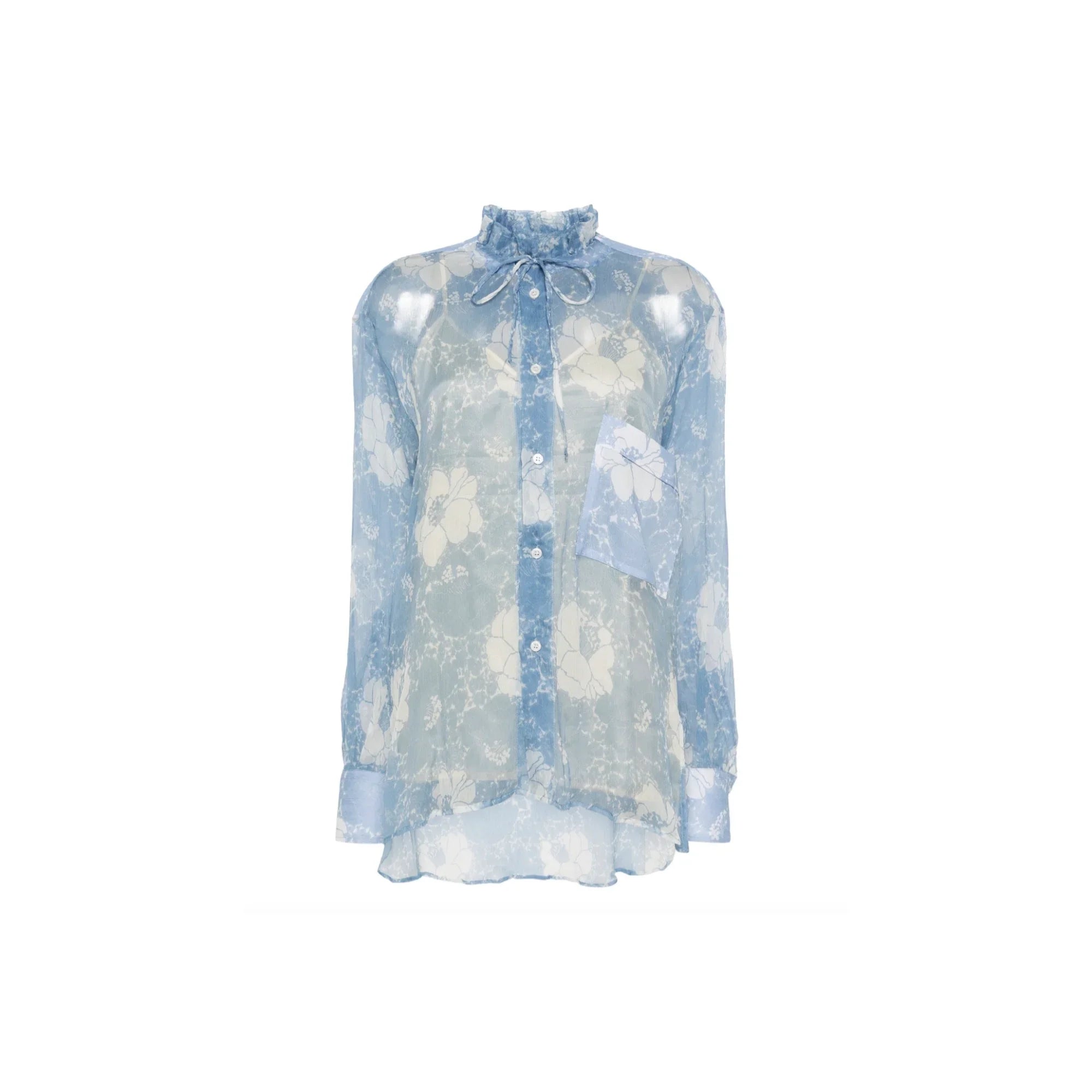Light blue sheer floral blouse with ruffled collar, tie neck, and front pocket