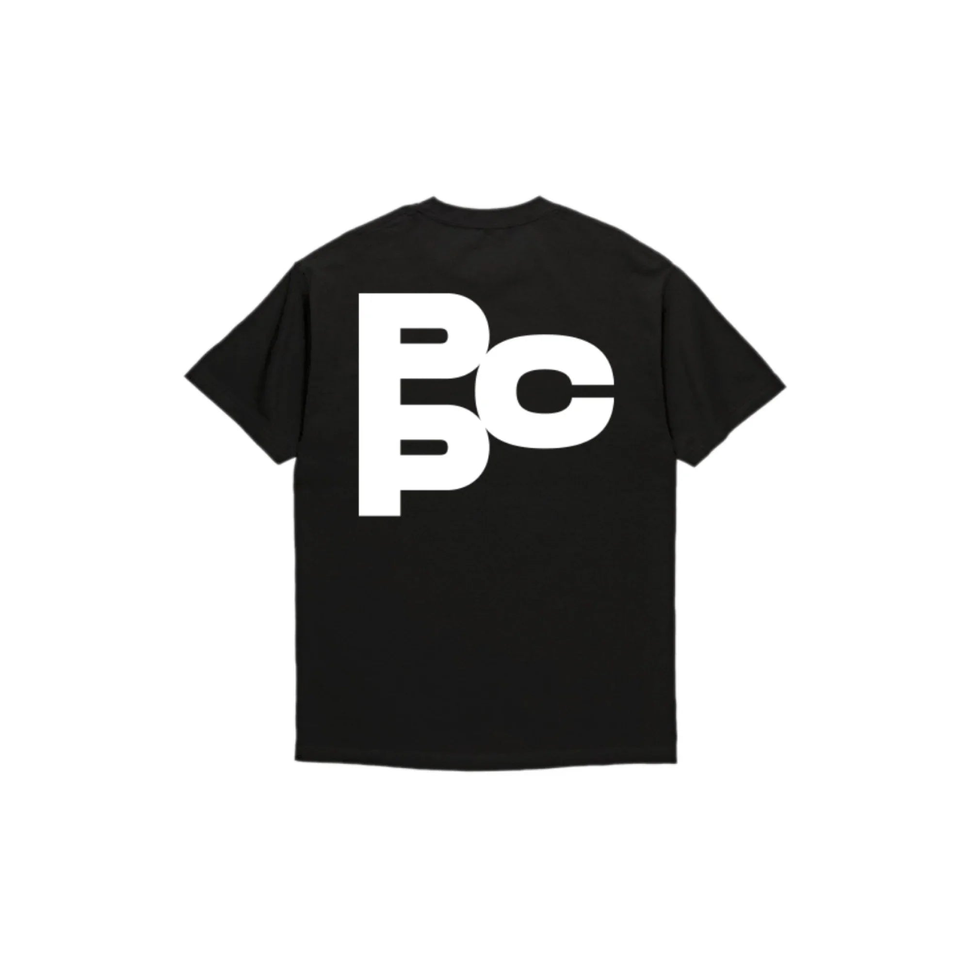 Black t-shirt with large bold white letters B, O, C on back in modern logo style