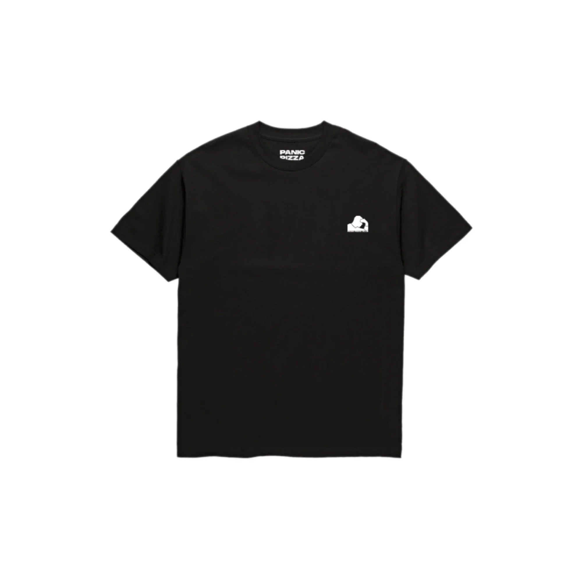 Black short-sleeve t-shirt with white Panic Pizza logo on left chest and neck label