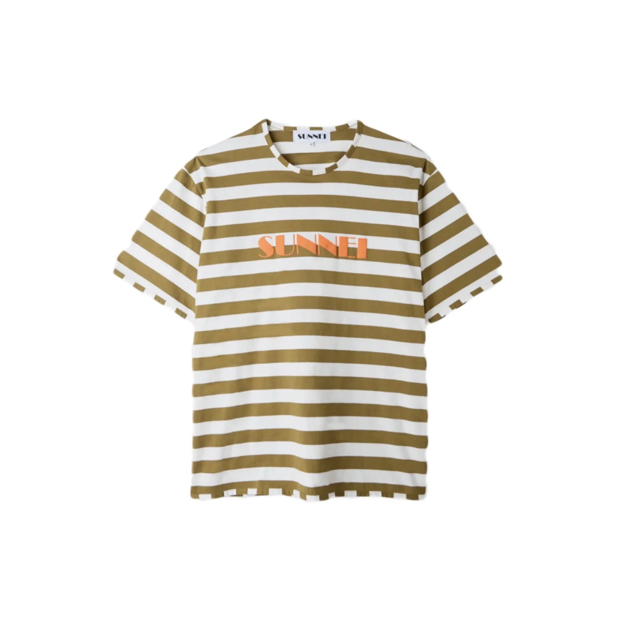 Sunnei brand short sleeve t-shirt with white and olive horizontal stripes and orange logo