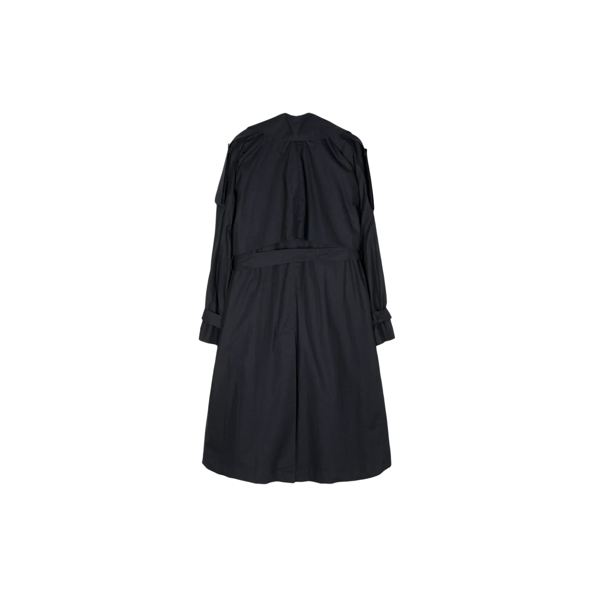 Back view of a black trench coat with belt and epaulette details on a white background