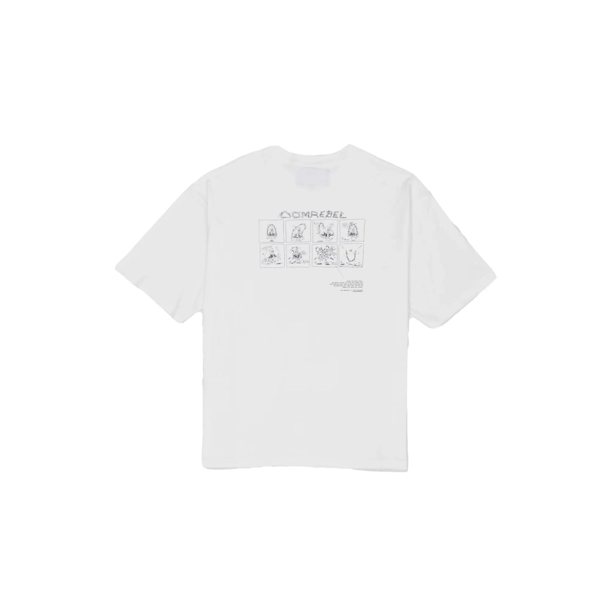 White Dumrebel t-shirt with black graphic comic-style illustrations on the back