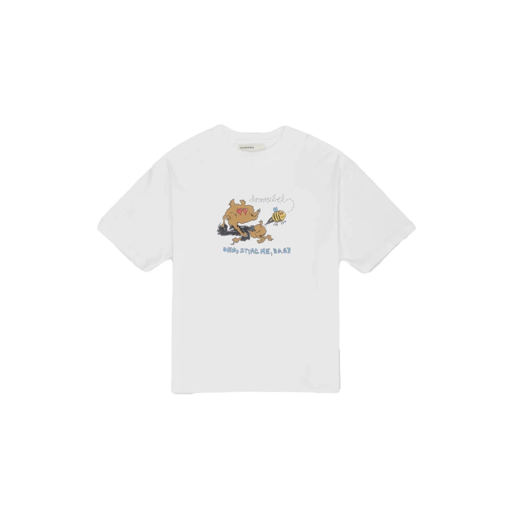 White t-shirt with cartoon dog and bee graphic and text Ohh, sting me, baby