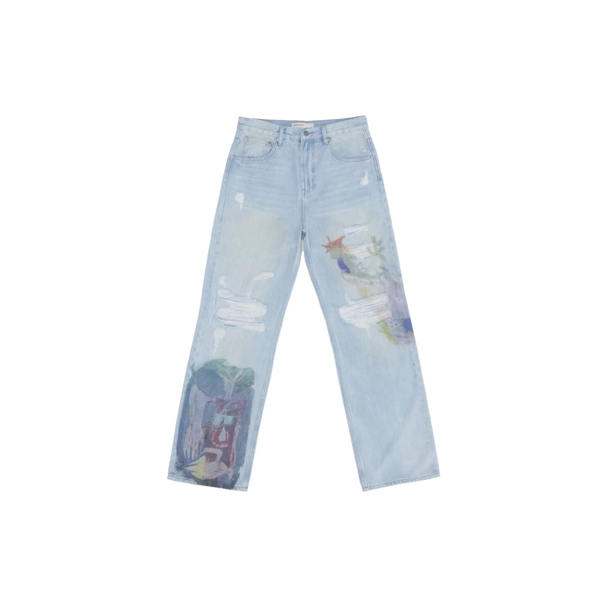 Light blue distressed denim jeans with colorful abstract paint splatter and rips