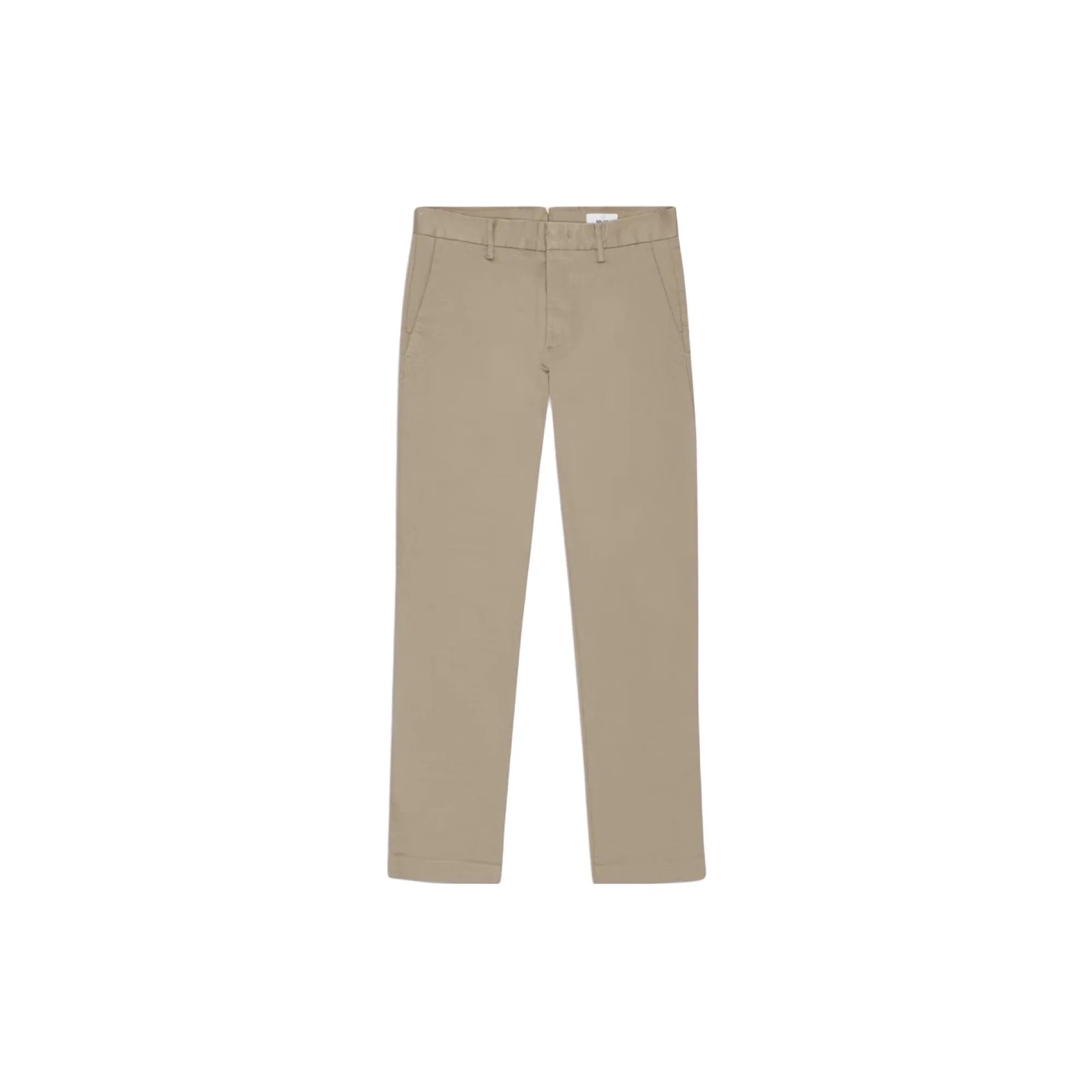 Beige slim-fit casual cotton pants with front pockets and belt loops on white background