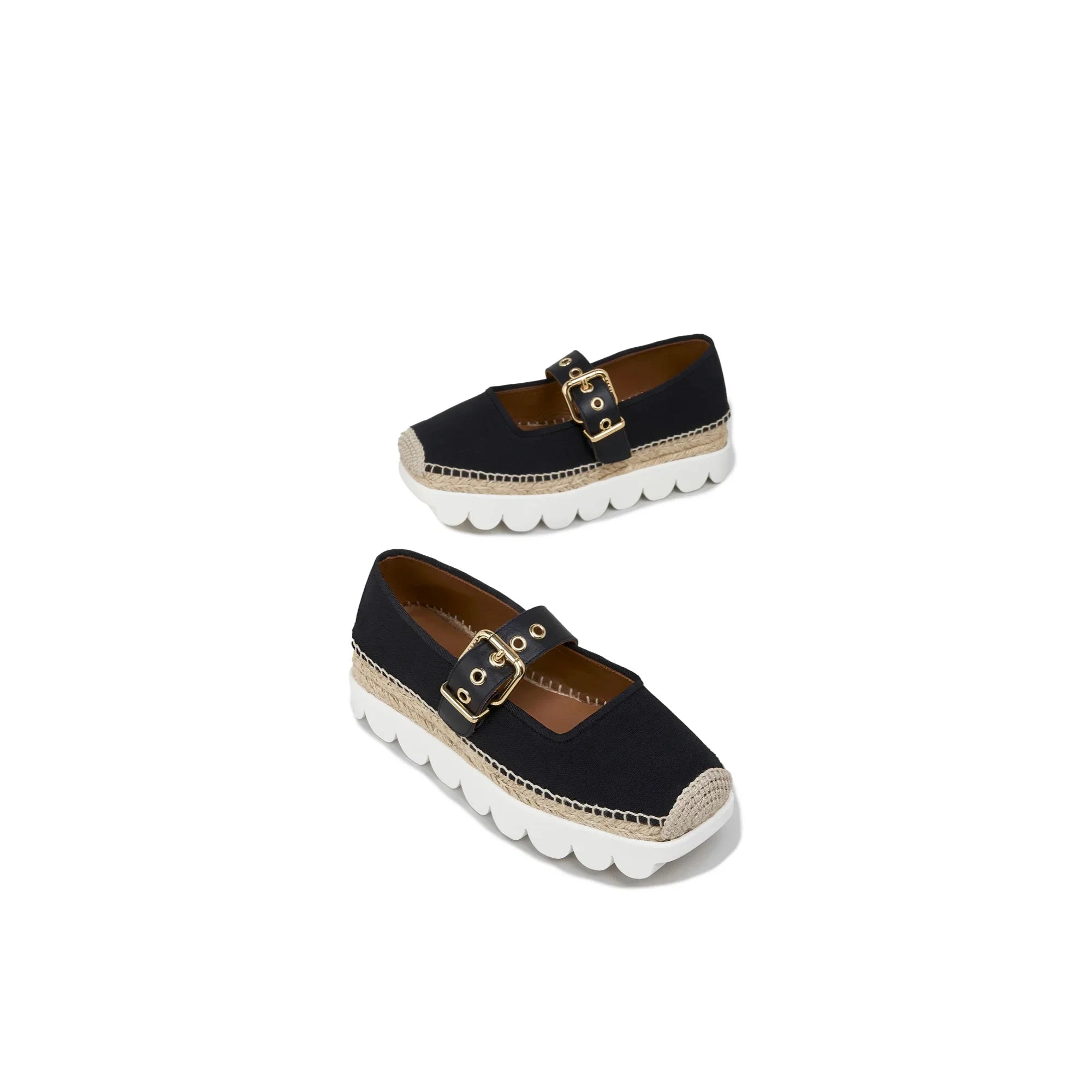 Black canvas Mary Jane espadrille shoes with beige rope trim and white scalloped soles