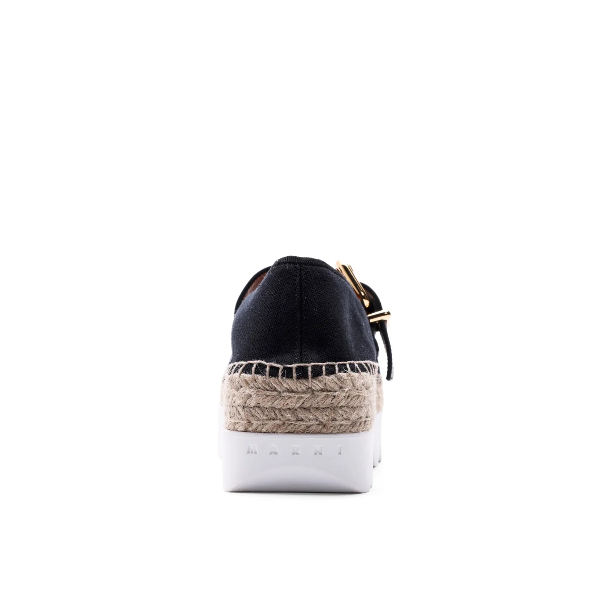 Rear view of black Marni espadrille with jute rope sole and white platform