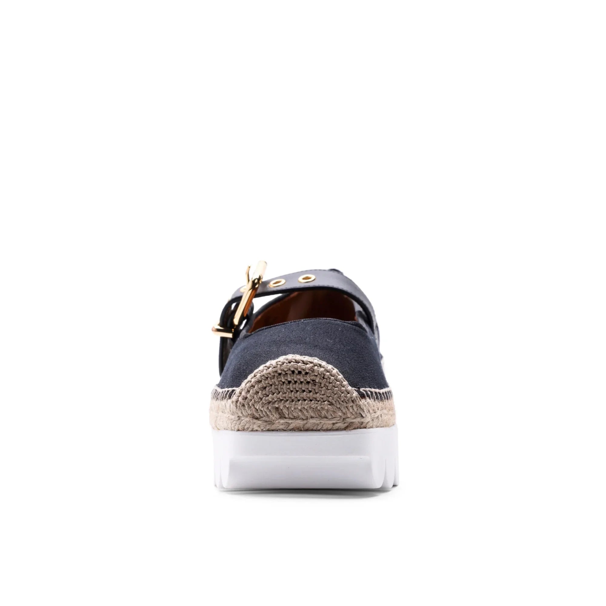 Front view of navy blue espadrille shoe with woven jute sole and gold buckle strap