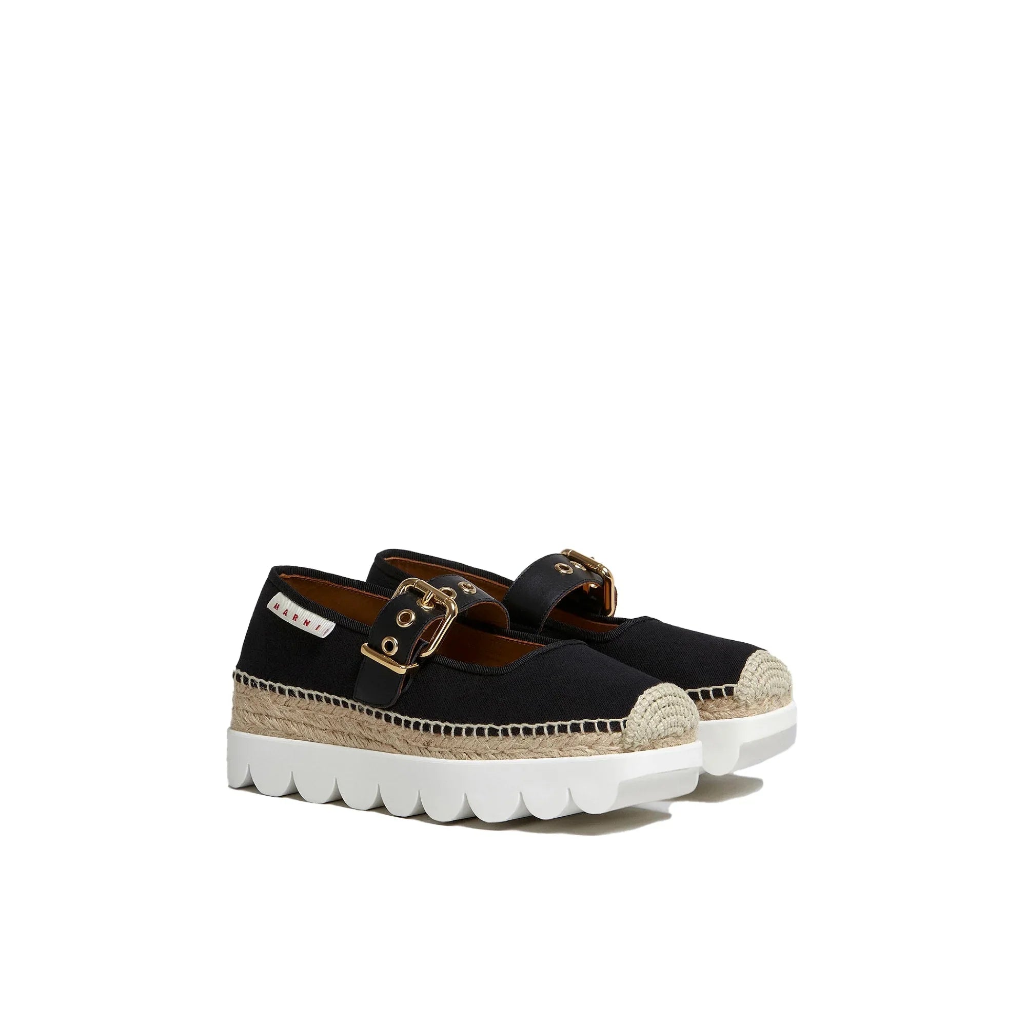 Black Marni espadrille shoes with woven jute midsole, white rubber scalloped sole, and gold buckle strap