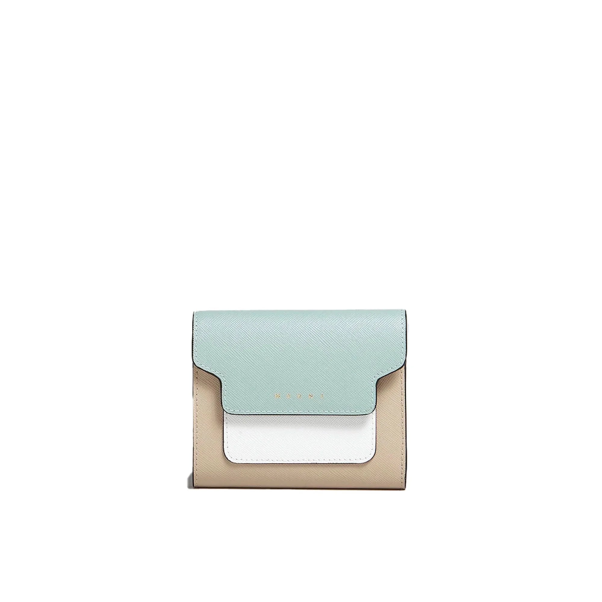Multicolor Marni leather wallet with beige base, white front pocket, and light blue flap