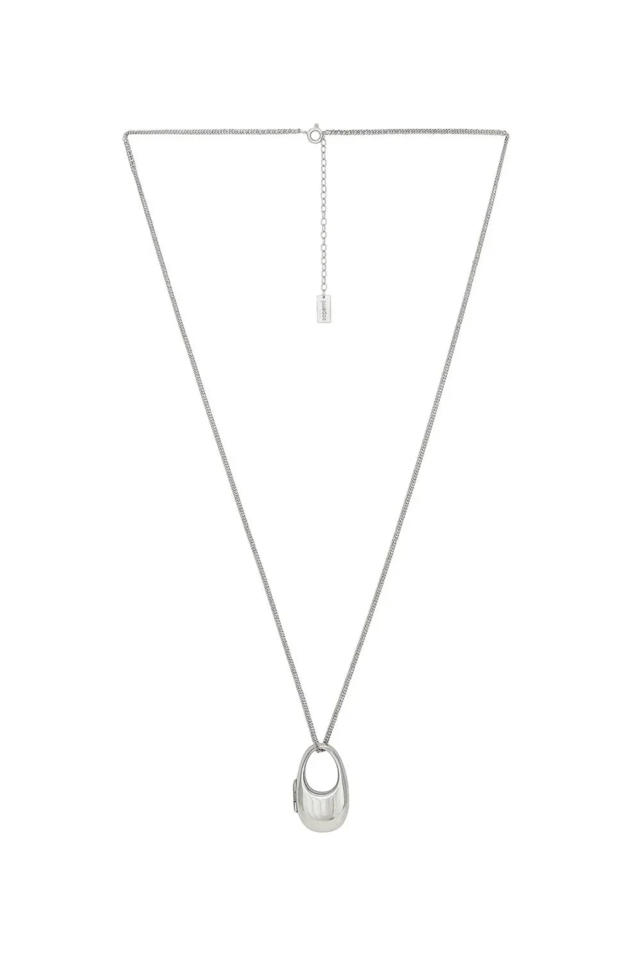 Silver chain necklace with a polished oval pendant and adjustable clasp on white background