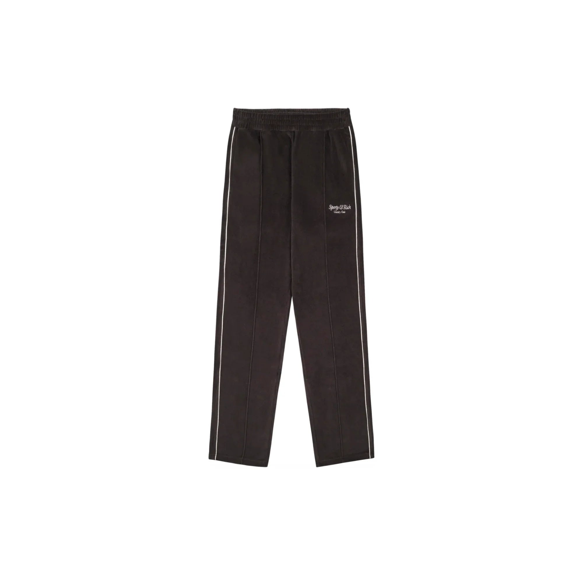 Black track pants with white piping and elastic waistband on white background