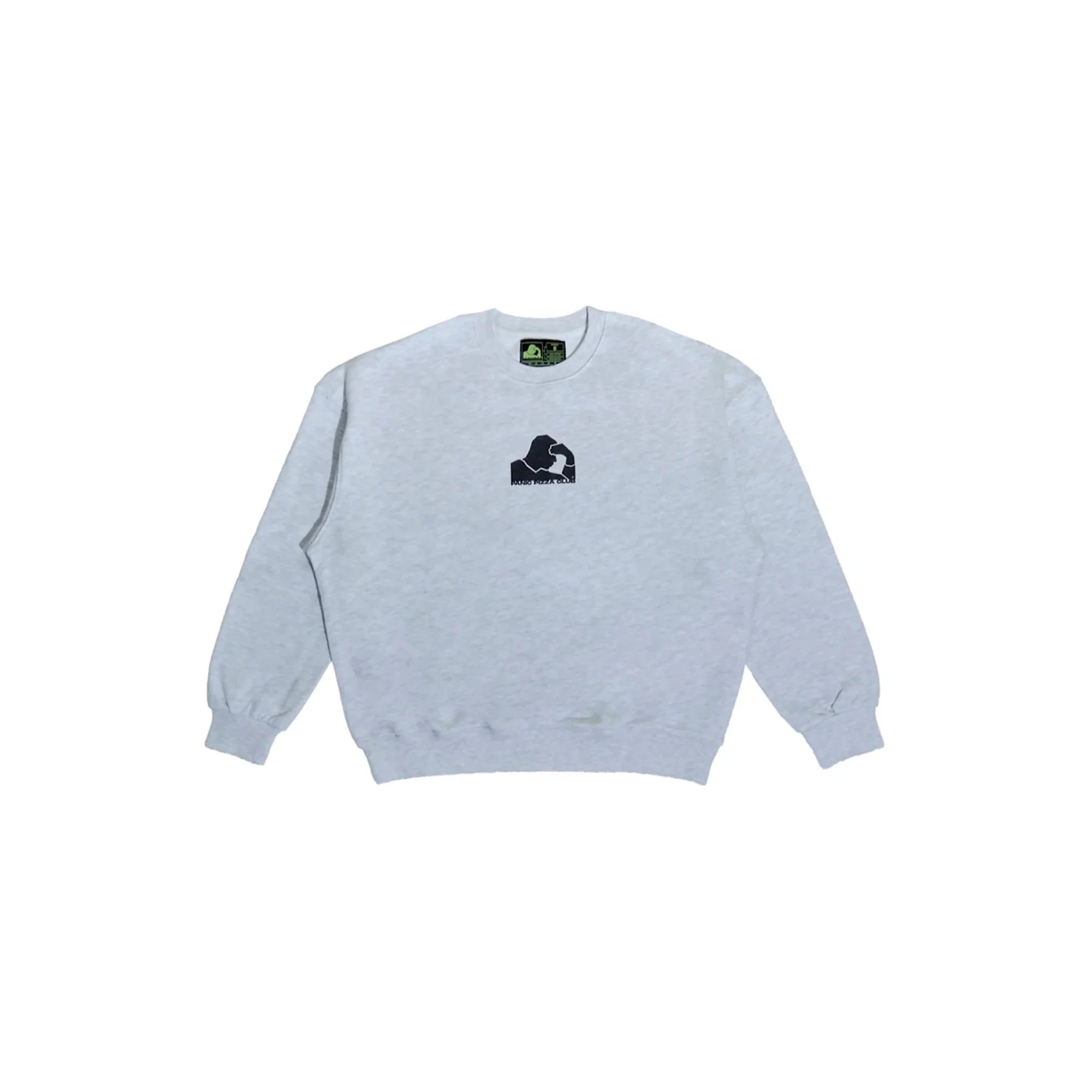 Light gray crewneck sweatshirt with black graphic of a person drinking from a bottle on chest