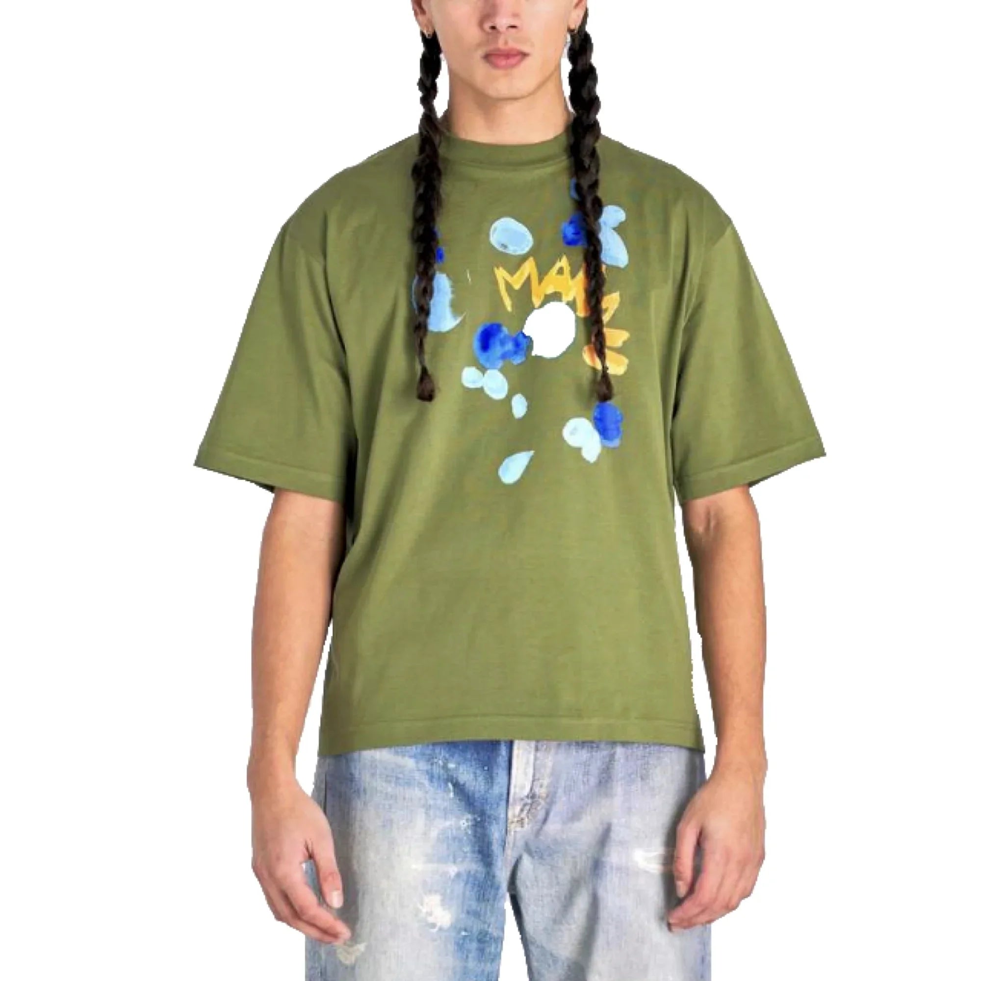 Man wearing olive green graphic t-shirt with blue and yellow paint splash design and light washed jeans