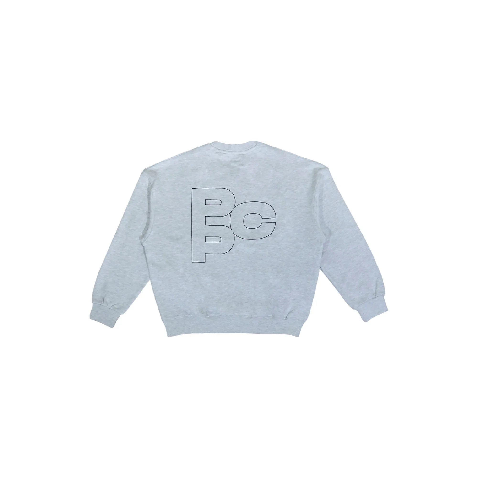 Back view of light grey sweatshirt with minimalist black outlined letters PCP graphic