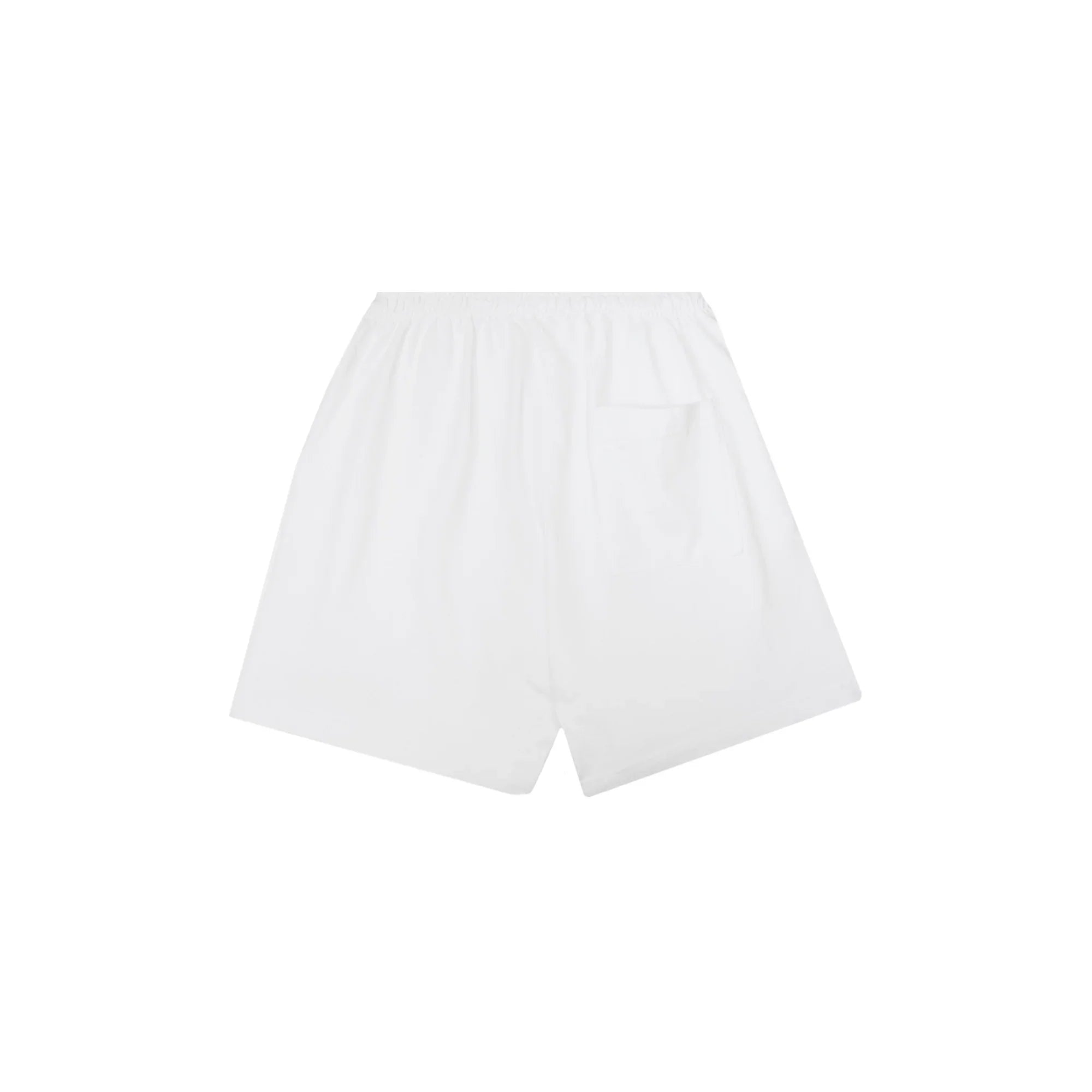 Back view of plain white casual sports shorts with elastic waistband and single back pocket