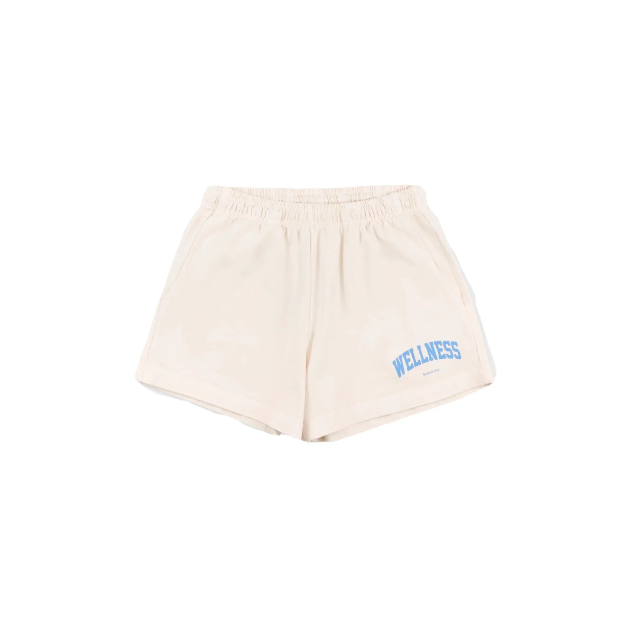Beige casual shorts with elastic waistband and blue "WELLNESS" text on front