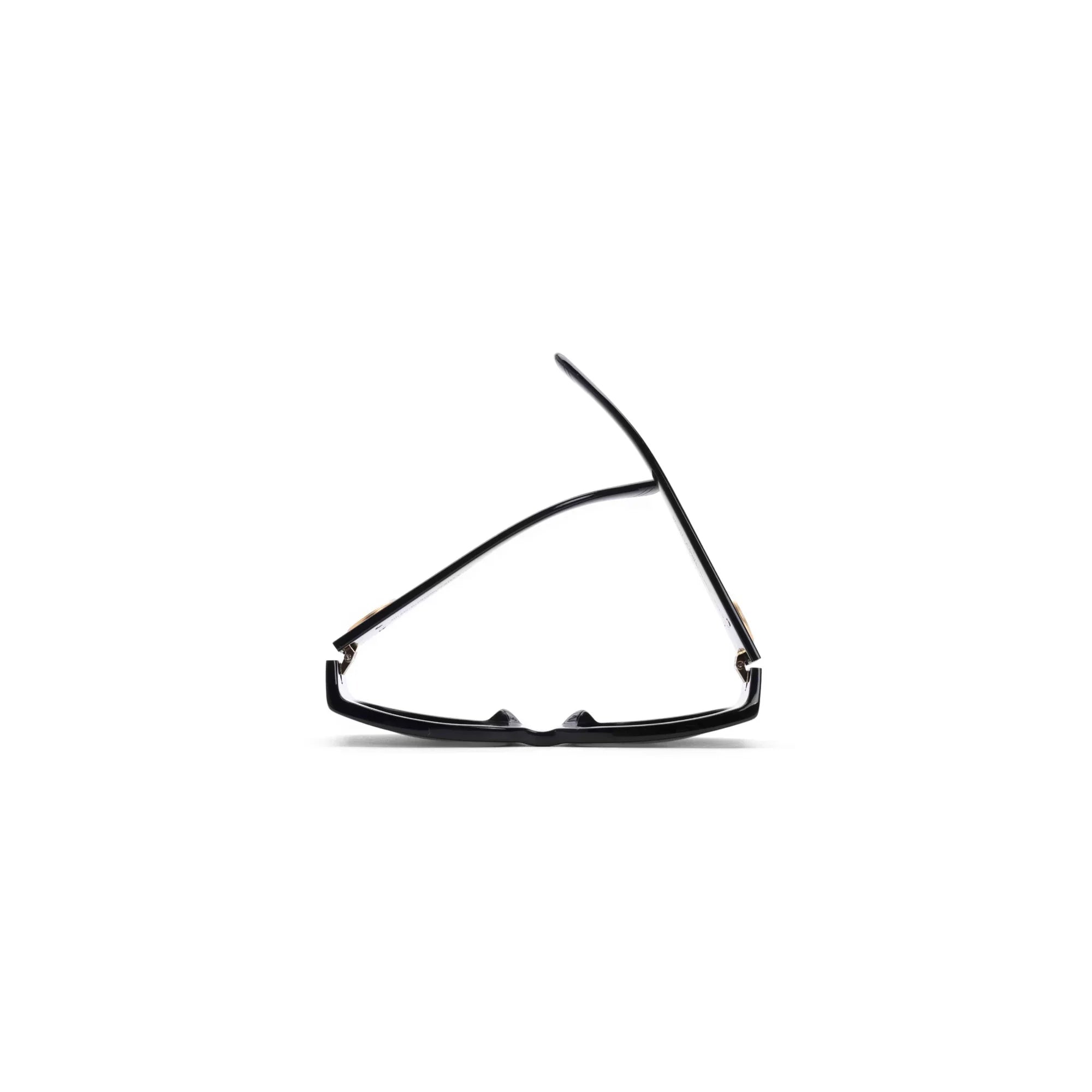 Black rectangular eyeglasses folded on white background