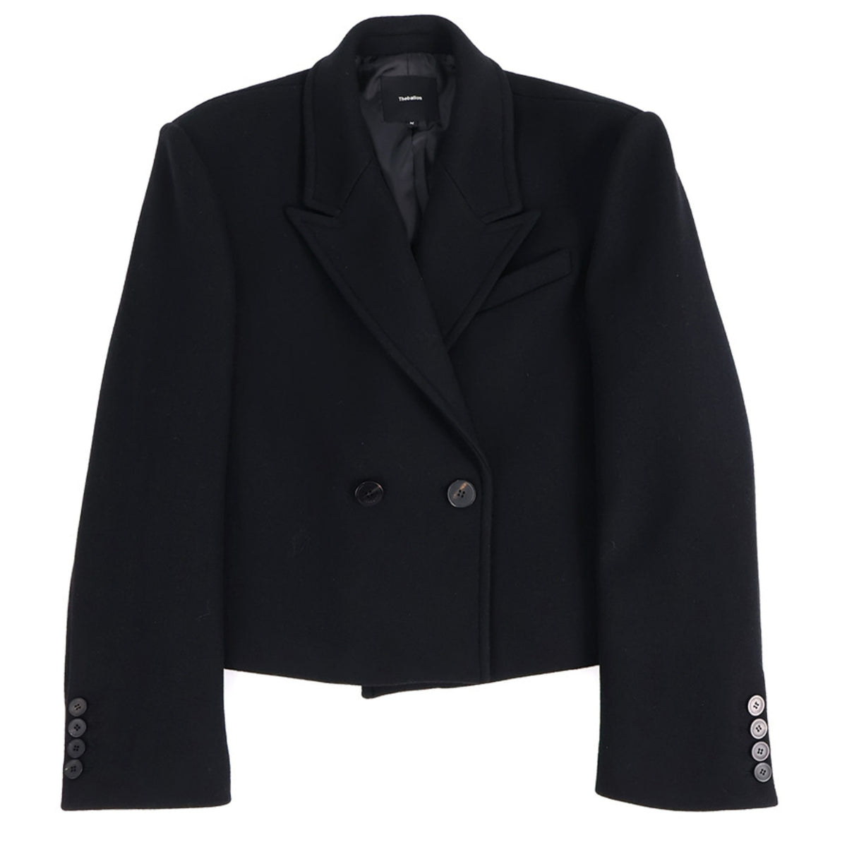 Double Breasted Cropped Wool Coat - Black