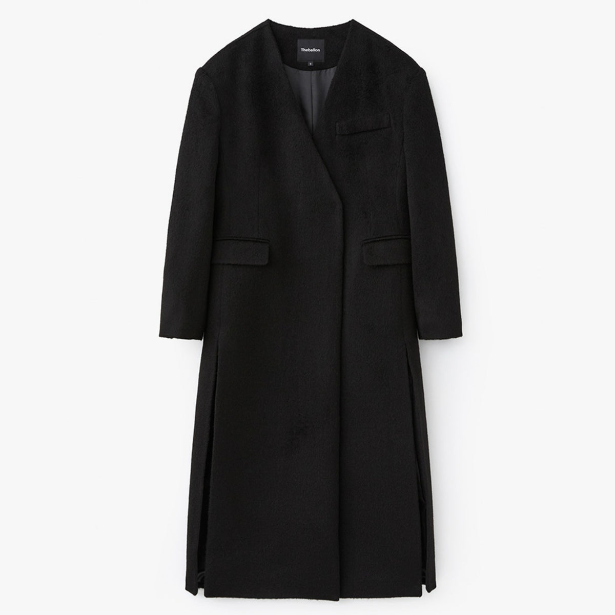 Hidden Button Collarless Long Coat - Black